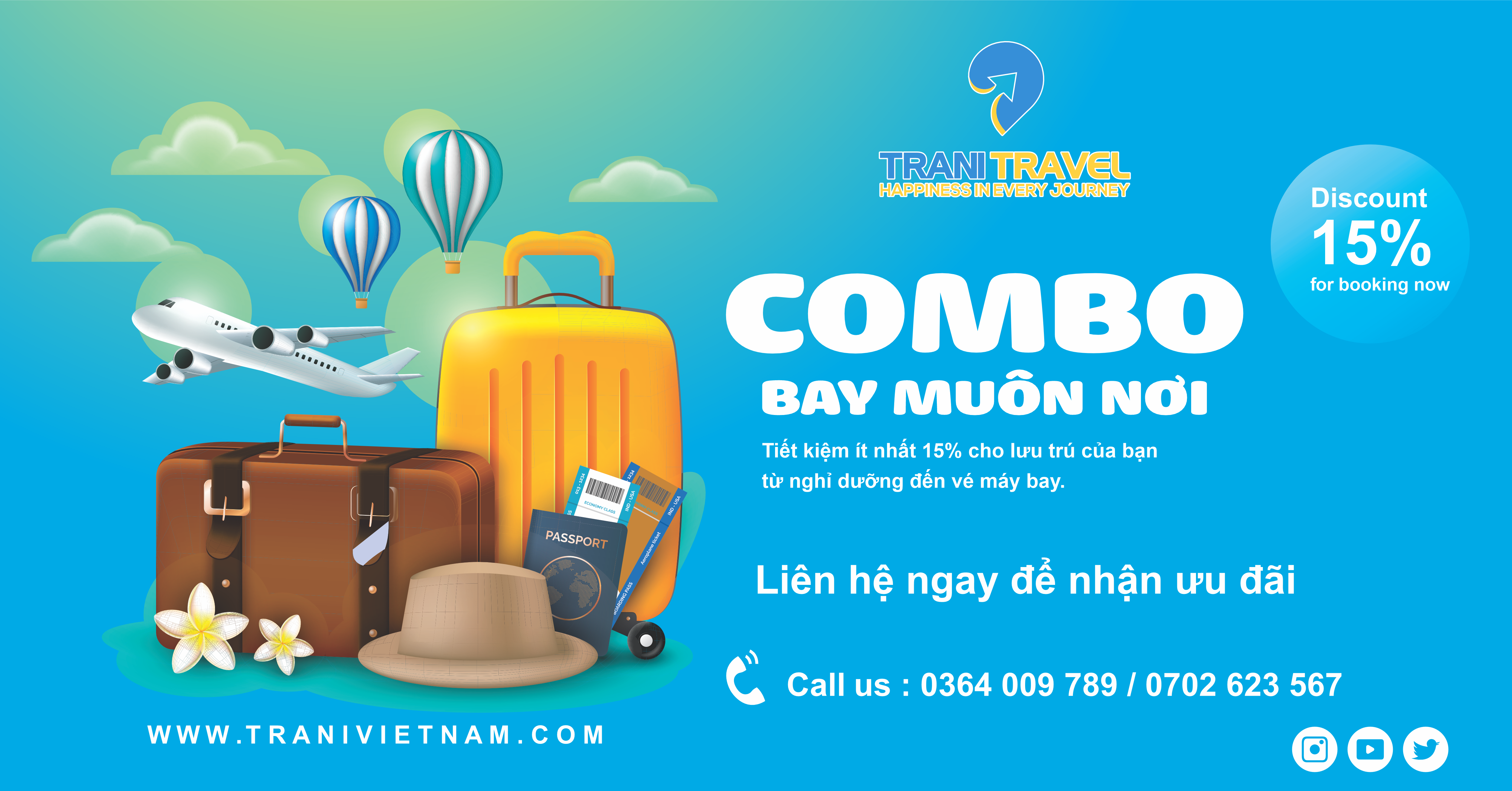 Trani Trave * Vé máy bay khứ hồi Trong nước, Quốc tế * Khách sạn toàn quốc * Resort toàn quốc * Combo du lịch trọn gói toàn quốc * Tour du lịch trọn gói trong nước, Quốc tế.